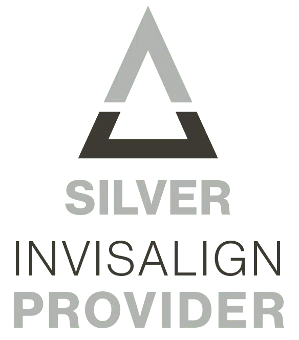 The image features a logo with the text  SILVER INVISALIGN PROVIDER  above a stylized triangle, which appears to be a branding symbol.