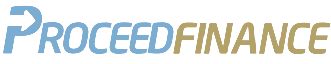 The alt text for the image could be   A logo with the word  PROCED FINANCE  in bold, capitalized letters, followed by a stylized graphic resembling a dollar sign.
