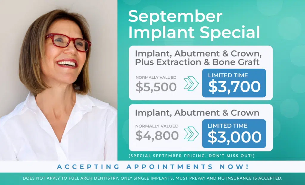 The image features a woman with glasses smiling at the camera, overlaid with text advertising dental implants, including prices for crowns, abutments, plus extraction   bone graft, along with an invitation to book appointments now, and a limited time offer of  300 off.